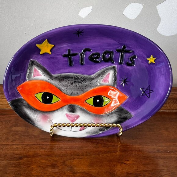 Fitz and Floyd Halloween "Treats" Cat Plate Oval Snack Candy Dish Decor Vintage - Picture 3 of 10
